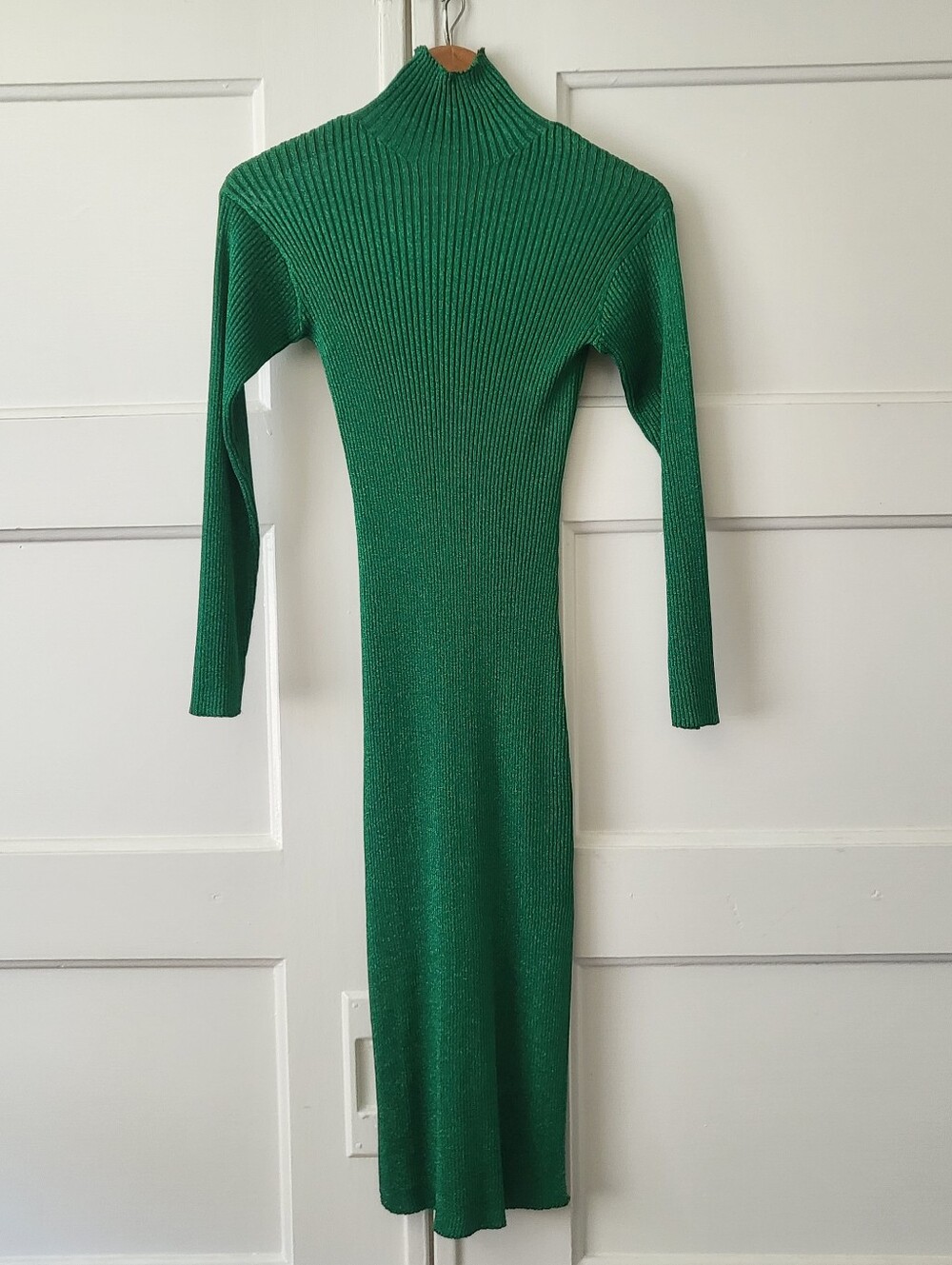 Baum und Pferdgarten Green Metallic Shimmer Midi Dress Mock Neck Ribbed Size XS